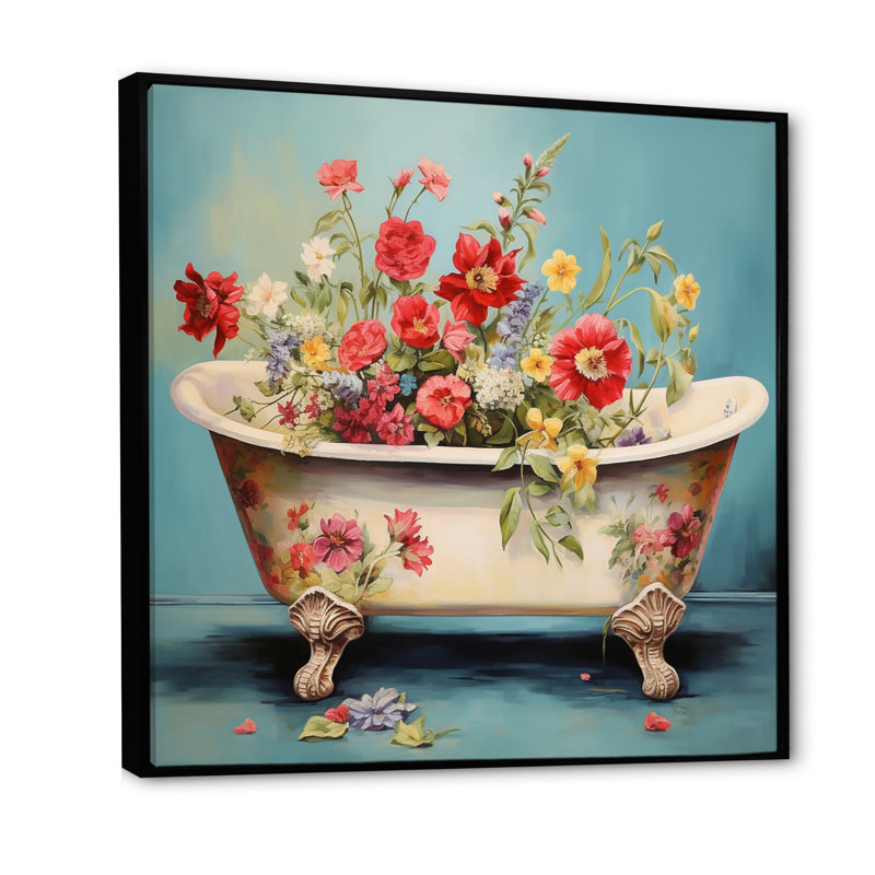 «Bathaign with Blossoming Red and Yellow Tulips I», reproduction sur toile, H 16 po x l 16 po, Cadre flottant noir