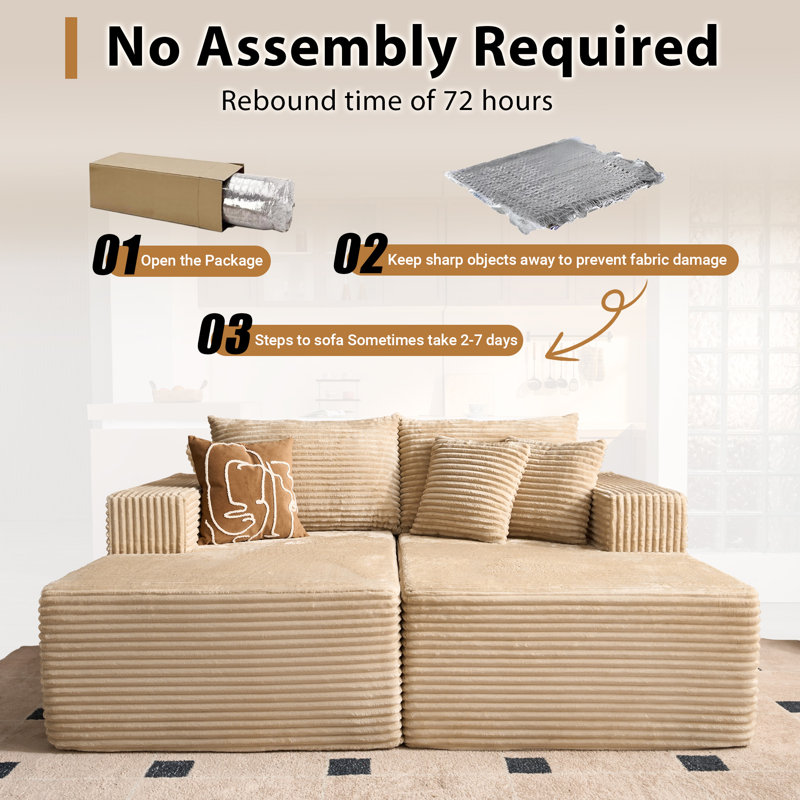 74.8" Plush Corduroy Modular Boneless Floor Sofa With Double Chaise — No Assembly, Fluffy Deep Seat Sleeper Couch Bed