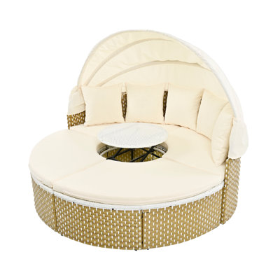Patio Furniture Round Outdoor Sectional Sofa Set Rattan Daybed Two-Tone Weave Sunbed With Retractable Canopy, Separate Seating And Removable Cushion