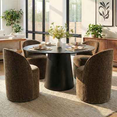 4 - Person Dining Table Sets With 52'' Solid Round Table & 4 Upholstered Chenille Swivel Chairs