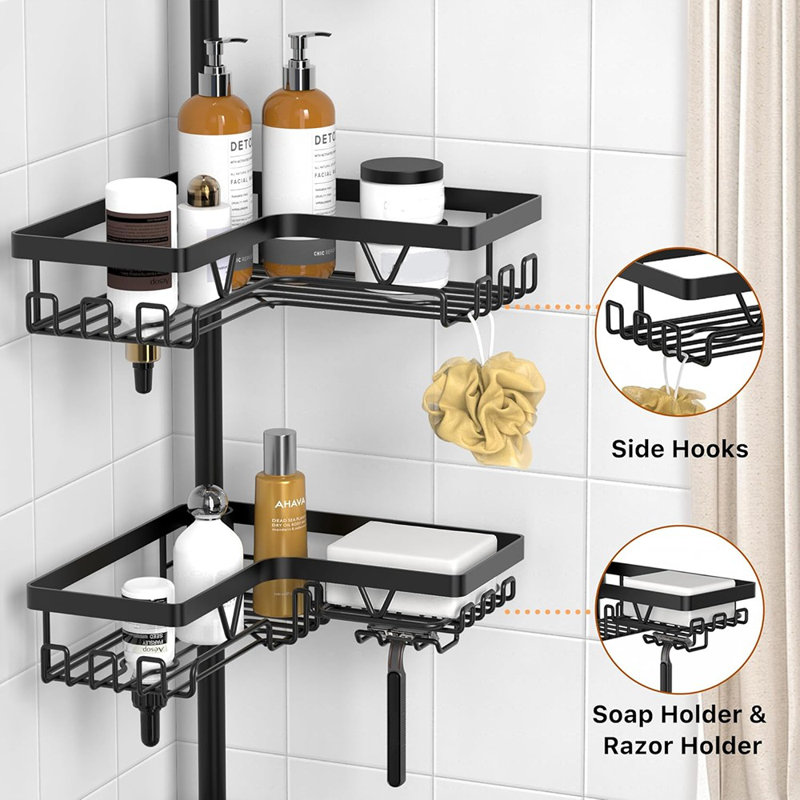 Poteau de tension pour chariot de douche en coin, organisateur de douche réglable du sol au plafond avec porte-serviettes, imperméable, noir