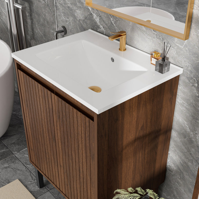 Meuble-lavabo moderne de 24 pouces, fixé au mur ou au sol, lavabo en céramique lisse, meuble-lavabo simple avec lavabo intégré, conception sur pied, fonctionnement silencieux, grands tiroirs de rangement
