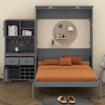 Queen Size Murphy Bed With Storage Cabinet, Wall Bed Cabinet With Wine Rack, Glass Holder, Drawers And Multi-Color LED Strip by SENXINGYAN