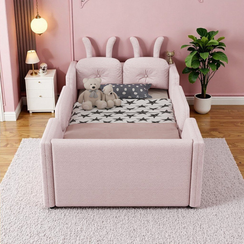 Adorable lit simple tapissier rose pour enfants avec coussins en lapin et rails de sécurité amovibles, Rose