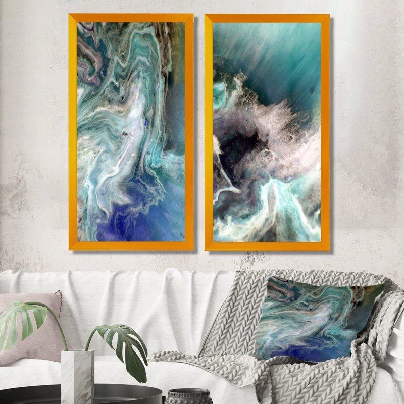Turquoise, art liquide - ensemble de 2 peintures sur toiles, H 20 po x l 24 po x P 1 po, Cadre photo doré