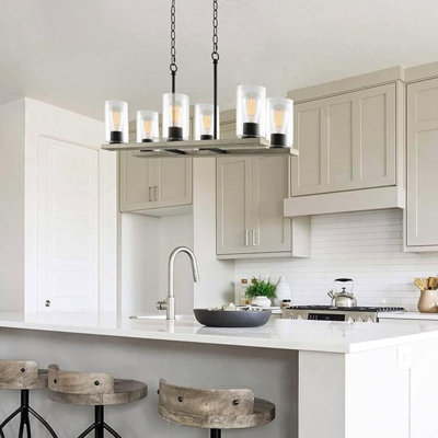 Luminaire pour îlot de cuisine 6 lumières 30 "à grande échelle 30" | Abat-jours cylindriques en verre transparent