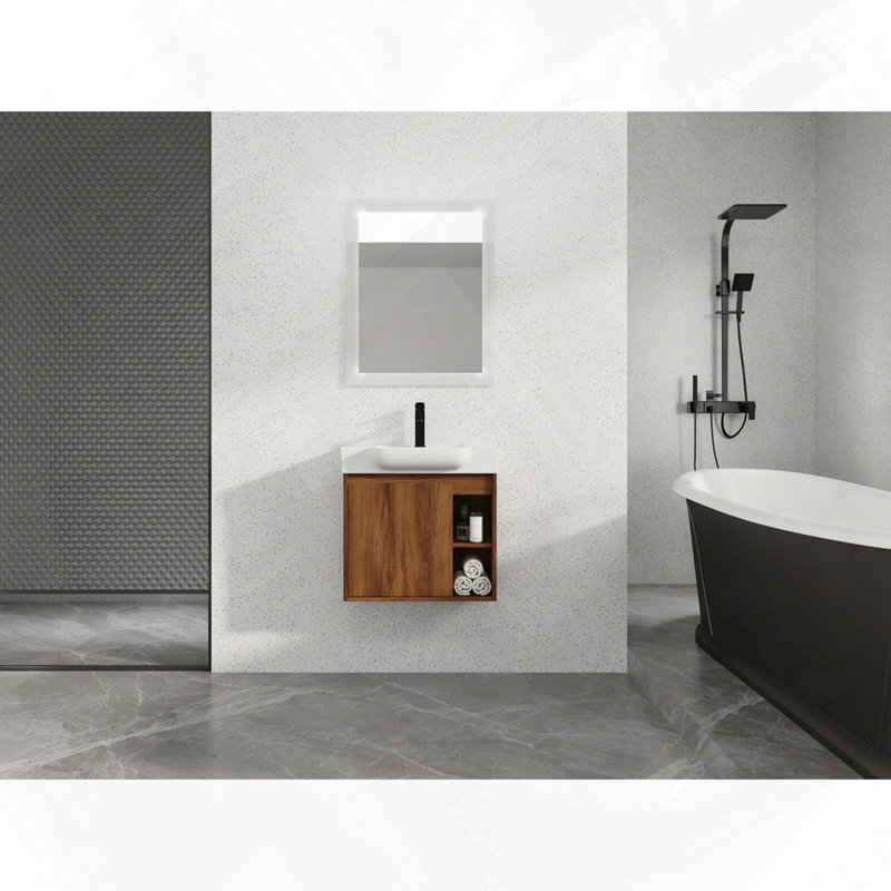 Wall-Mounted Bathroom Vanity With Ceramic Sink Soft-Close Door, 24', Brown Ebony