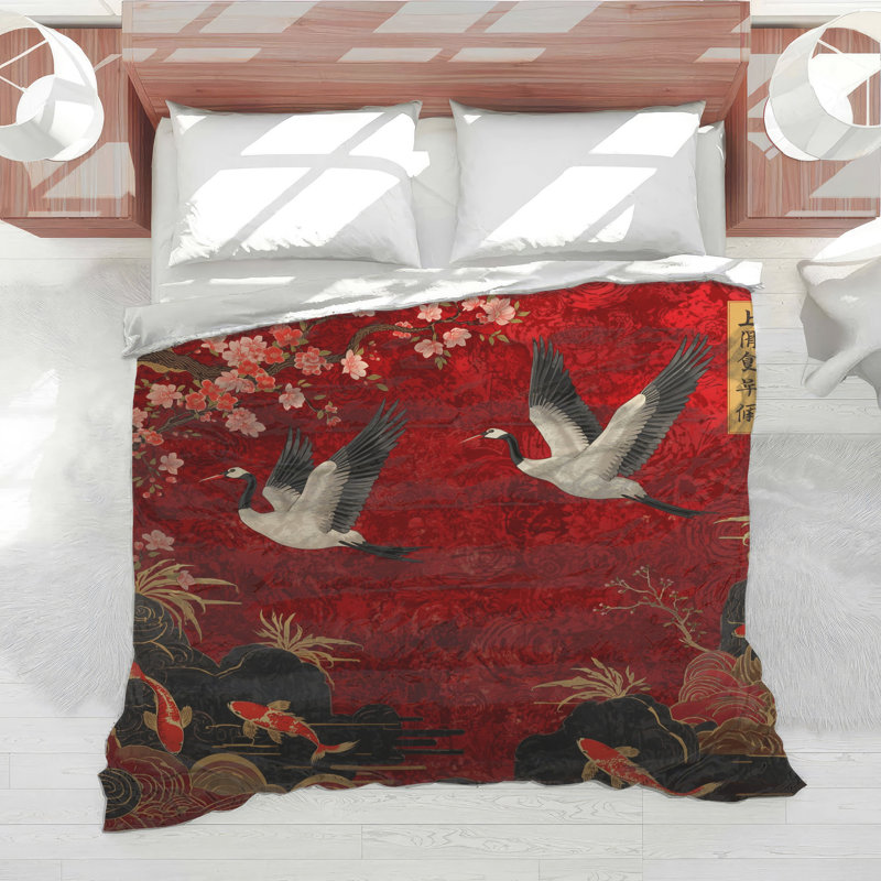 Cranes Cherry Blossoms Koi Comforter, Queen