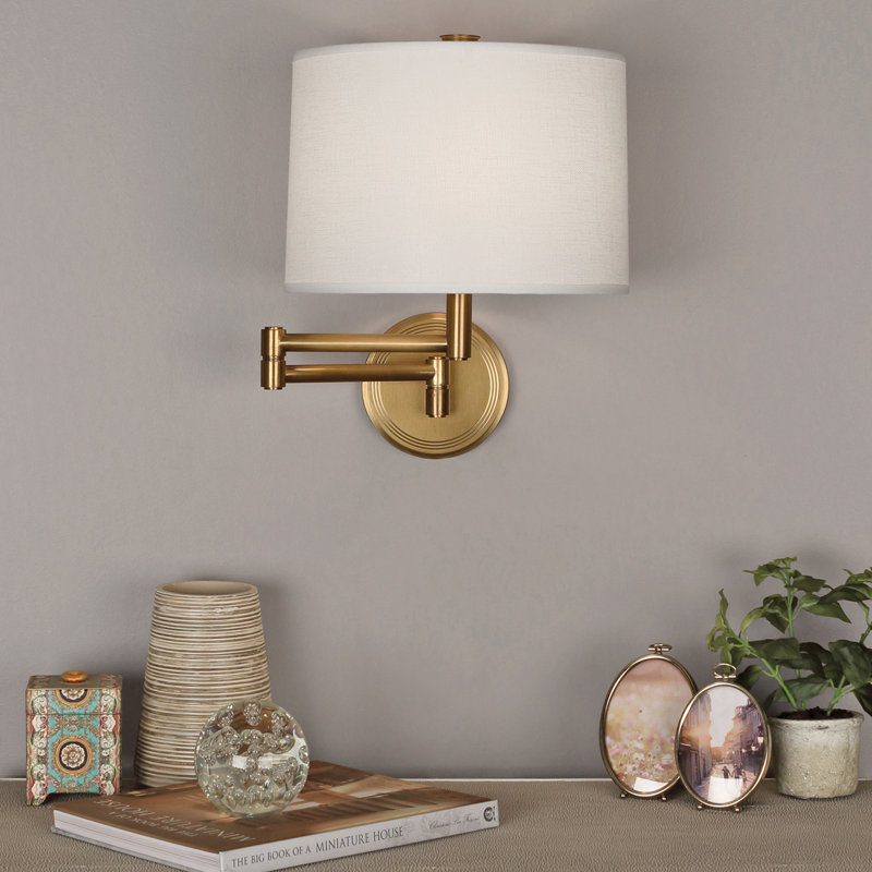 Sofia Solid Brass Plug-in Swing Arm Sconce, White Linen, Antique Brass