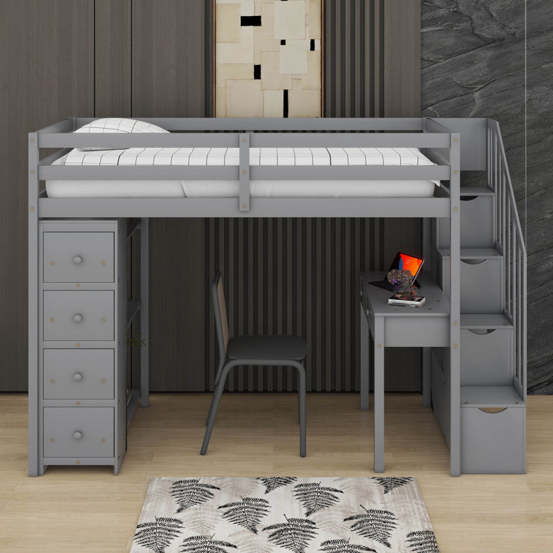 Twin Loft Bed With Drawers,Desk And Stairs, Gray