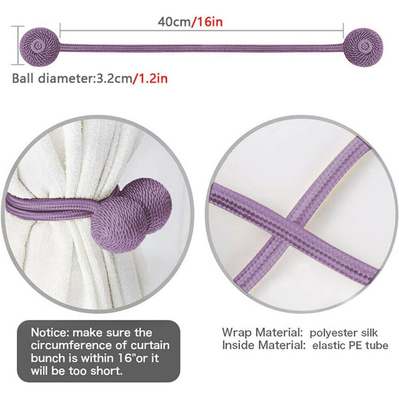 18.5" Magnetic Earpiece Curtain Tiebacks 2 Pack, Purple