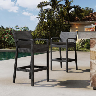 Wicker Outdoor Bar Stools Set of 2 Tall Patio Chairs with Arms for Balcony Garden Pool Deck Backyard