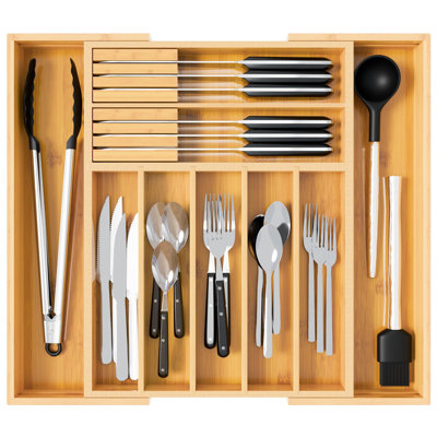 Bamboo Expandable Drawer Organizer For Kitchen Utensils, Adjustable Silverware Tray With 9 Deep Slots For Large Spoons & Knives, Natural Wood Flatware Caddy For Cutlery Storage (Fits 13"-20")