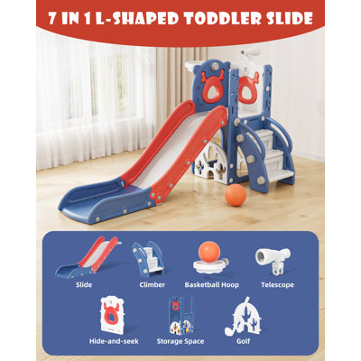 7 In 1 Kids Slide For Toddlers, Toddler Playset With Golf, Basketball Hoop, Climber And Storage Space