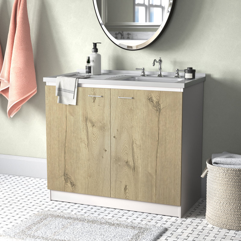 Armoire de lavabo utilitaire et de salle de lavage Napole avec évier intégré en acier inoxydable et tablettes de rangement intérieures