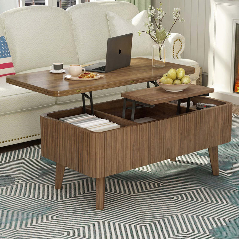 Table basse à plateau relevable 3 en 1 avec design cannelé - Se convertit en table de salle à manger - Noyer