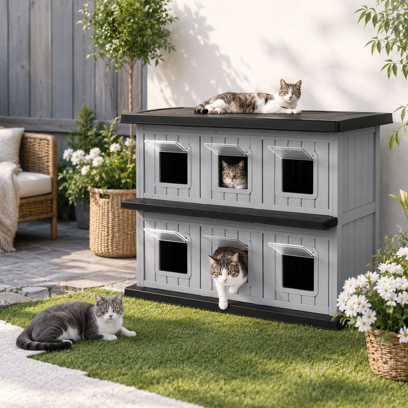 Maison d'extérieur pour chat, abri pour chat en résine résistant aux intempéries, Antarctic Gray/Black