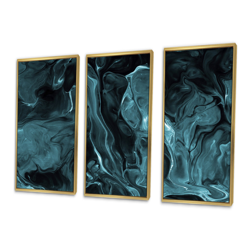 «Turquoise Creative Abstract Dark I», ensemble d'art mural sur toile moderne encadré de 3, H 20 po x l 36 po, Or