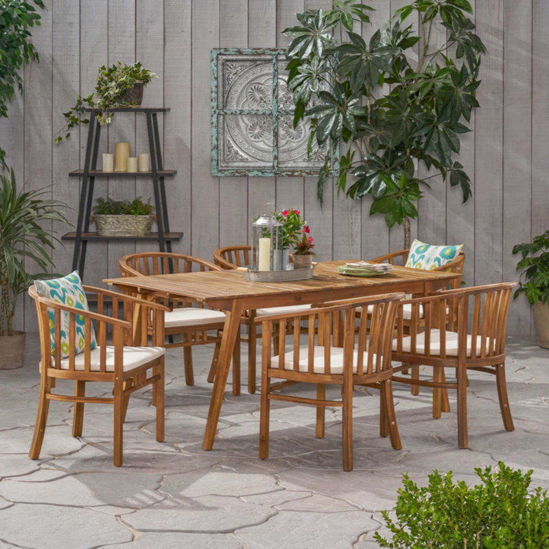 Ensemble repas d'extérieur 6 places en bois d'acacia avec coussins