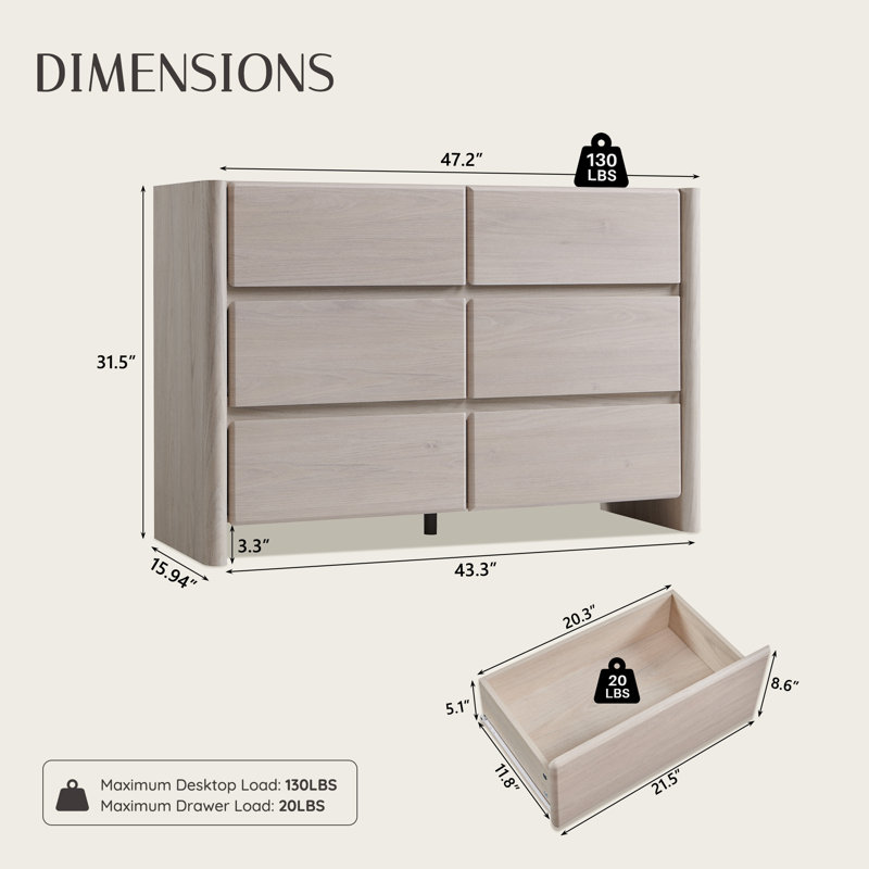 Bolanos Modern 6 Drawers Dresser for Bedroom, 47" Wide Wood Dressers & Chests of Drawers, Wood Night Stand w/Rounded Corner Design for Bedroom