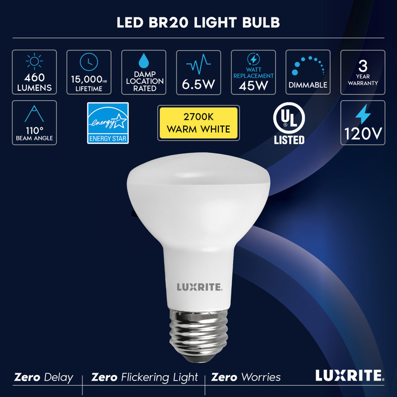 Luxrite BR20 LED Light Bulbs, 6.5W=45W, 2700K Warm White, Dimmable, 1100 Lumens, E26 6 Pack