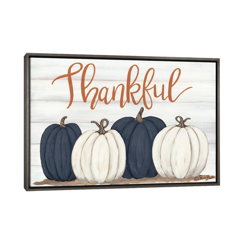 «Thankful Pumpkins» par Sara Baker - reproduction d'art, Toile avec cadre gris, Aucun mat, H 18 po x l 26 po x P 1,5 po