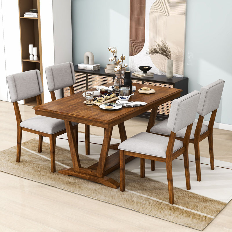 5-Piece Dining Table Set, Rectangular Dining Table and 4 Linen Upholstered Chairs, Walnut