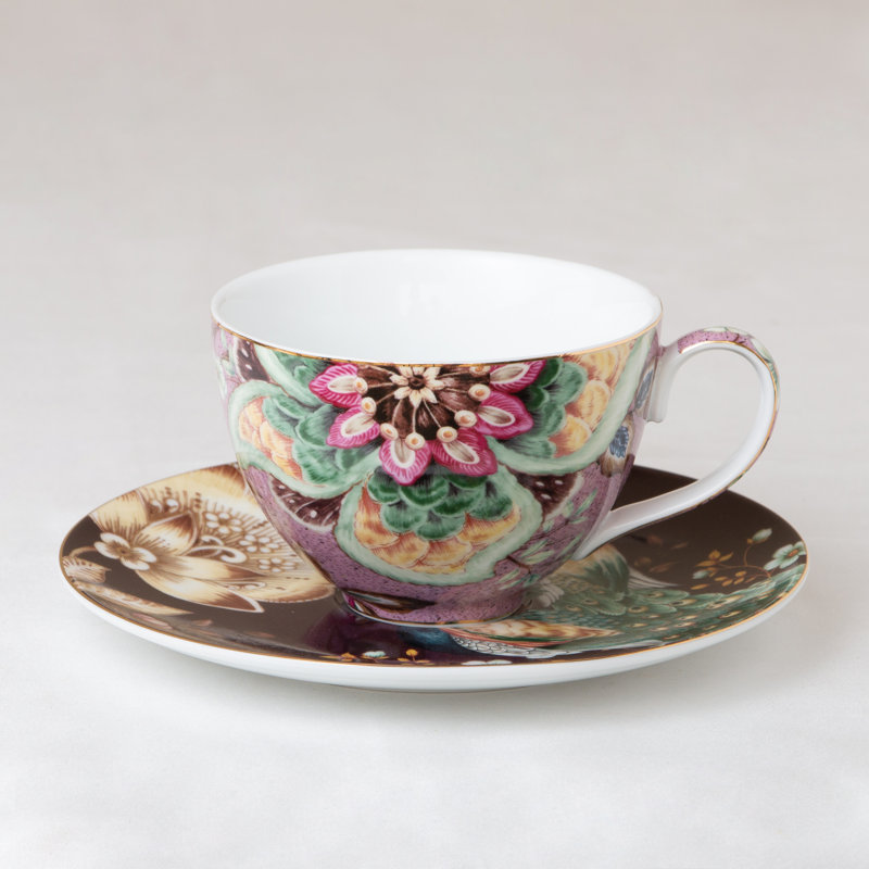 Grace Tea Ware Royal Peacock Lotus Garden Teacups & Saucers, Set of 4