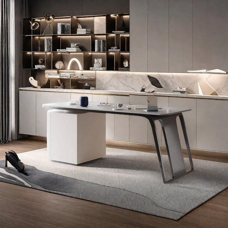 Sintered stone unique desk, 29.53" H x 55.12" W x 27.56" D, Gray/White