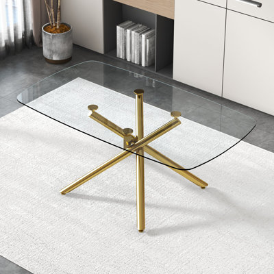 Large Modern Minimalist Rectangular Glass Dining Table With Tempered Glass Top And Gilded Metal Legs