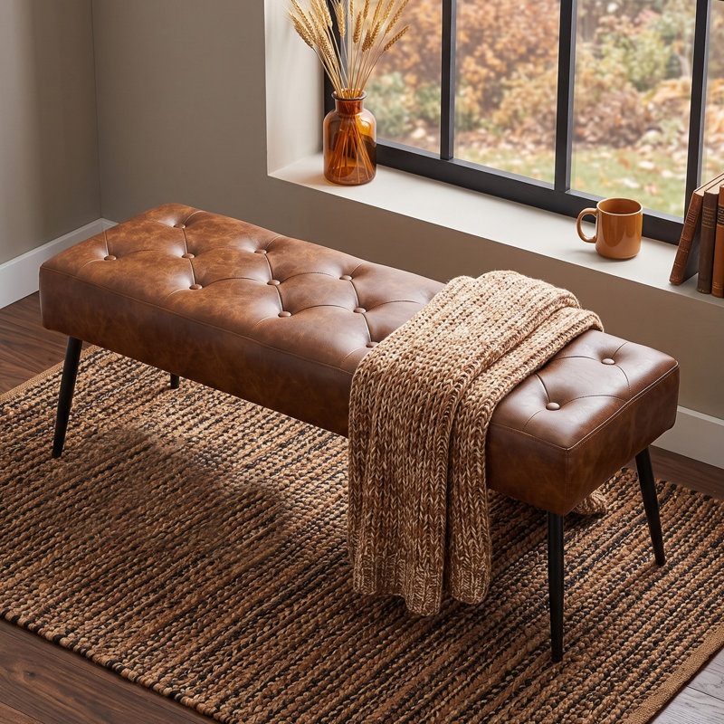  44" W Mid-Century Modern Tufted Velvet Bench, Black/Yellowish Brown Faux Leather