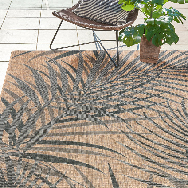 Paseo Paume All-Weather Flatweave Indoor/Outdoor Area Rug, Chestnut Brown Black Palm Leaf – Patio, Deck, Porch & Living Room - Brown, 8x10