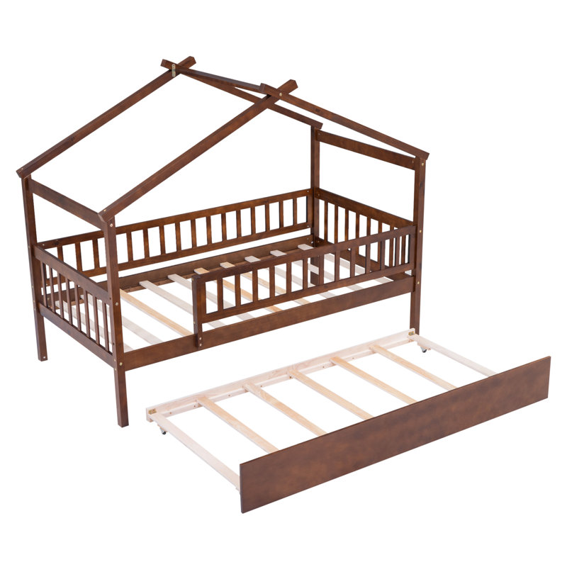 Wooden House Bed With  Trundle, Walnut
