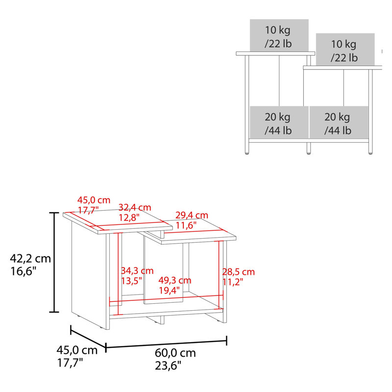 Table basse élégante en chêne avec tablette ouverte, H 17,43 po x L 24,3 po x l 17,32 po, Chêne