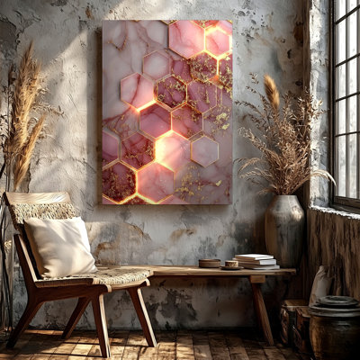 Pink Purple Hexagon Abstract Geometric Marble Gold Foil Canvas Wall Art Print, Modern Abstract Decorative Art Artwork for Living Room Bedroom Office Hallway Apartment Gallery Wall Home Decor