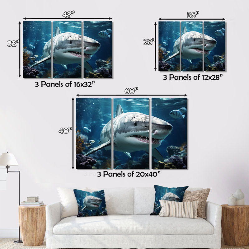 Requin gris sarcelle, symphonie marine sur toile, 3 pièces, H 28 po x l 36 po x P 1 po