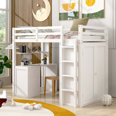 Twin Size Loft Bed With Drawers,Desk,And Wardrobe