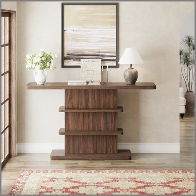 Console 63 po vintage avec tablettes de rangement ouvertes à 2 niveaux, capacité de poids élevée, convient au salon, au couloir, au couloir et à la chambre à coucher, naturel