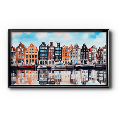 Art mural sur toile coloré "Canal de Amsterdam coloré" - Paysage urbain - Série paysage CLXV, ouverture 16 x 32 dans un cadre noir, extérieur 19 x 35