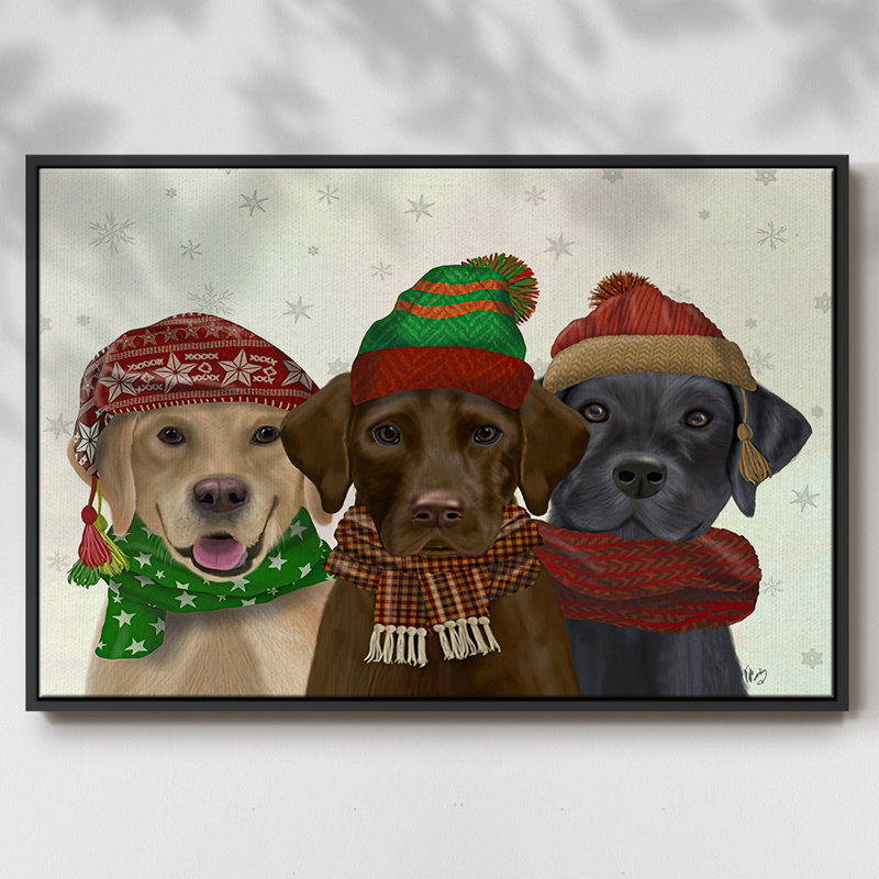 Christmas 3 Winter Labs, reproduction d'art sur toile, Cadre flottant noir, H 17 po x l 25 po x P 1,5 po