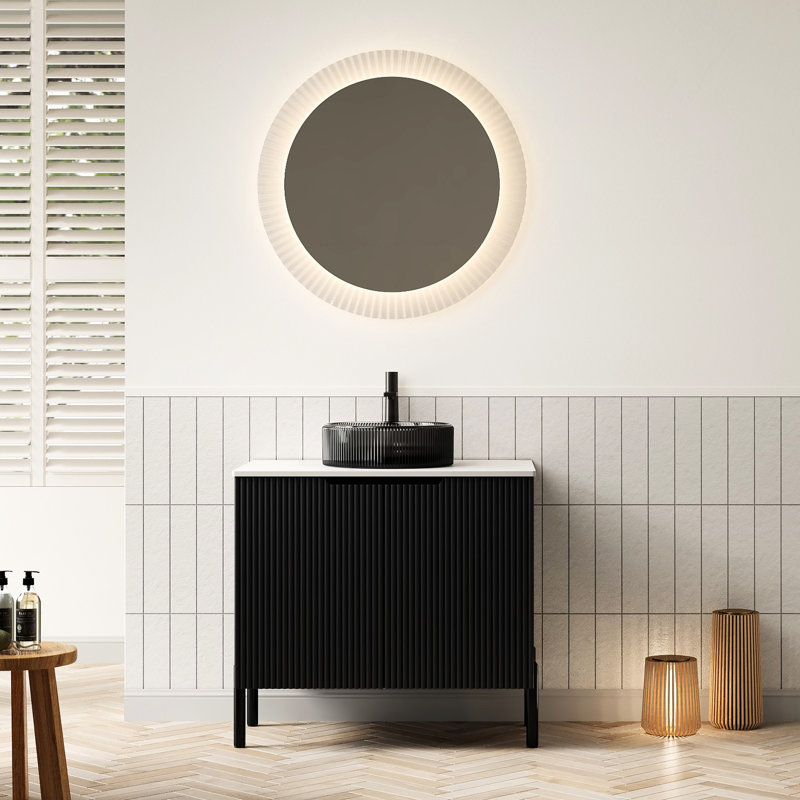 Meuble-lavabo rond transparent en verre noir transparent, surface en pierre frittée blanche, 2 portes, système de fermeture en douceur, design contemporain, meuble-lavabo sans robinet de 30 po avec lavabo, armoire autoportante à 2 portes,