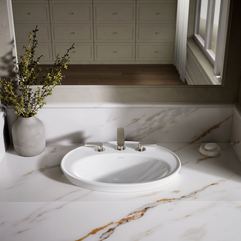 Serif Ceramic Oval Drop-In Bathroom Sink with Overflow, White, 8'' Widespread
