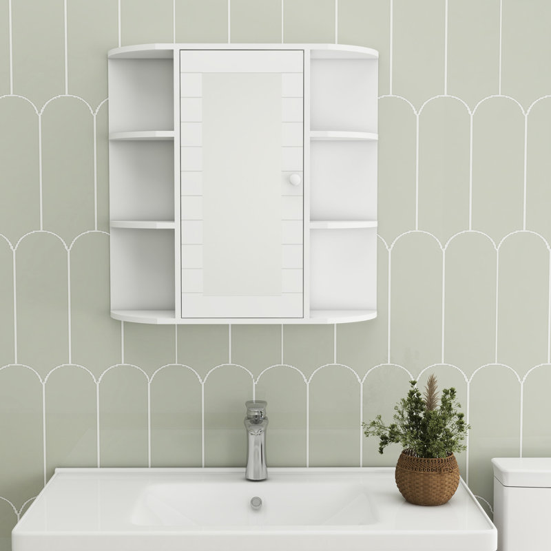 Armoire murale blanche pour salle de bain - 6 tablettes ouvertes, 3 réglables, miroir peint peu encombrant, design élégant