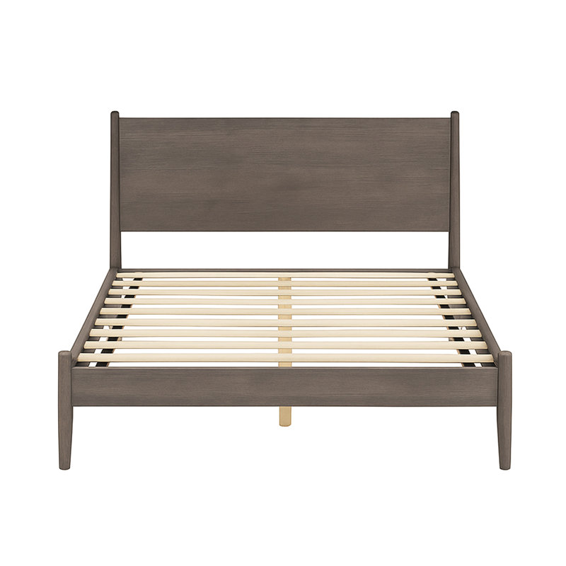 Lit plateforme en bois de style moderne gris Mid-Century, sans sommier, pieds fuselés ronds, ensemble de lattes, rapport sophistiqué attrayant pour la chambre à coucher