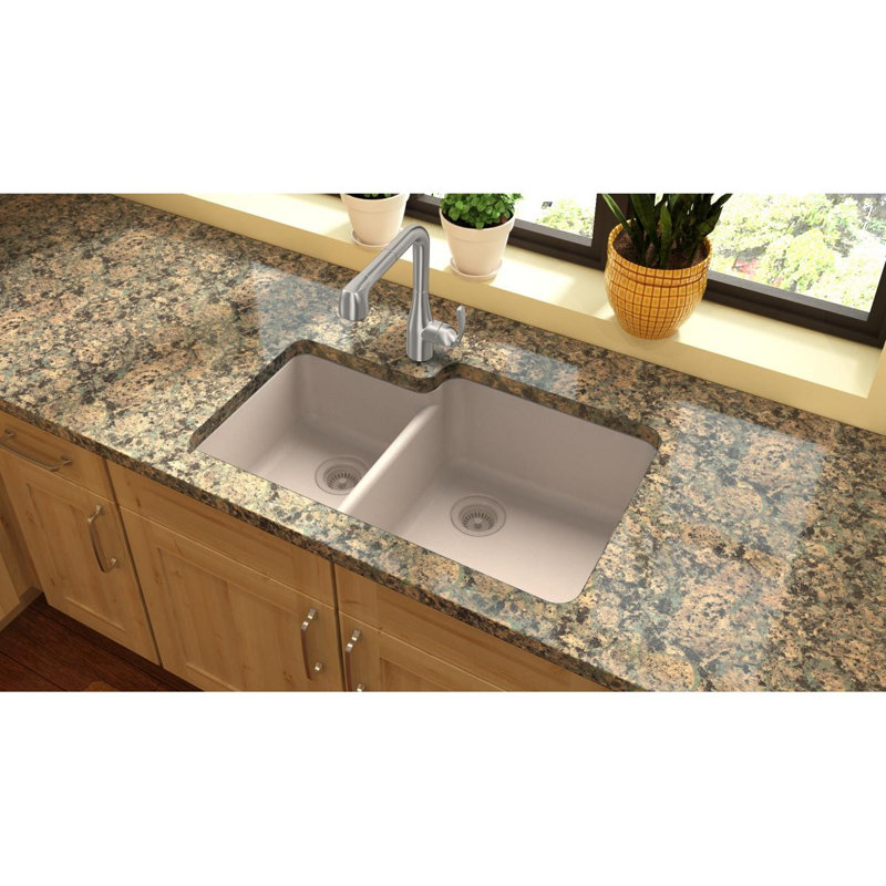 Quartz Classic 33" x 20-11/16" x 9" Double Basin Undermount Kitchen Sink, Putty