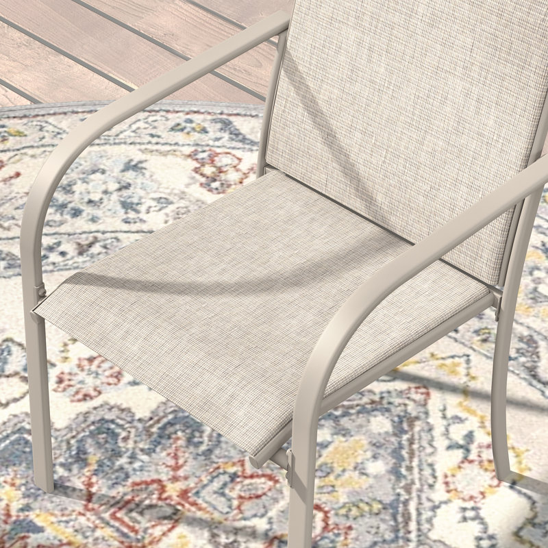 Outdoor Patio Dining Set - 47'' Round Table with Umbrella Hole + 6 Stackable Chairs, Cream/Sandshell