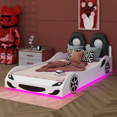 Wooden Twin-Sized Platform Bed Shaped Like A Race Car, Equipped With Integrated LED Lights