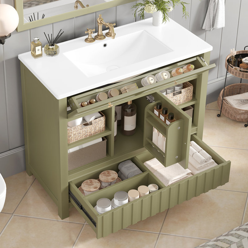 Meuble-lavabo multifonctionnel vert 36 po avec lavabo, bois massif et bois aggloméré