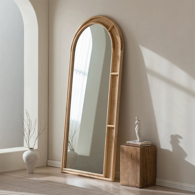 Demi-cercle en bois massif + miroirs pleine longueur en rotin, 74.8" H x 31.5" W