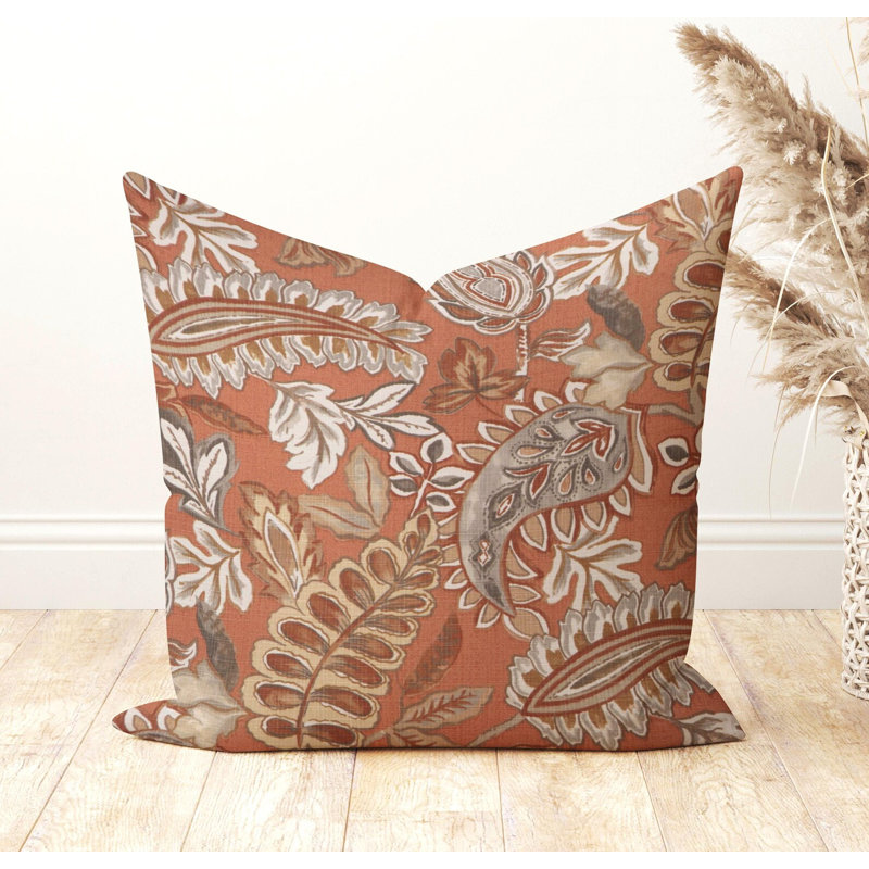 Housse de coussin d'extérieur rustique orange à motif cachemire, Carré 21 po